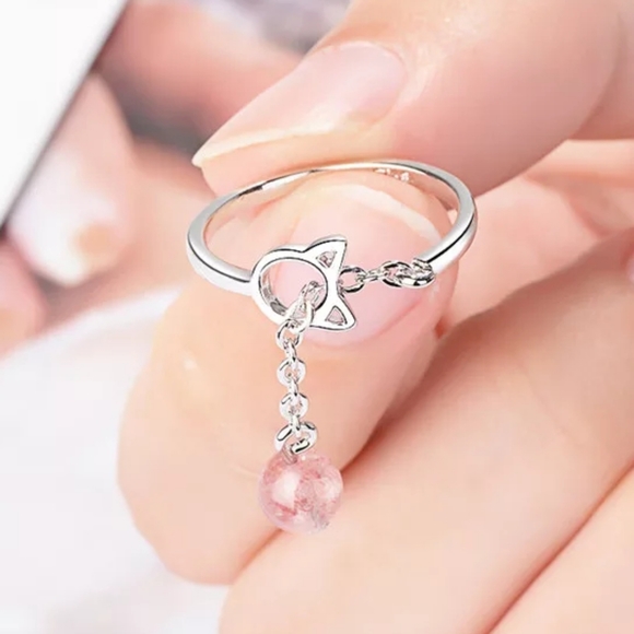 SOLD OUT - Silver Dangle Pink Moonstone Cat Ring - Picture 5 of 6